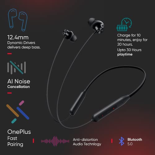 Oneplus Bullets Z2 Bluetooth Wireless in Ear Earphones with Mic, Bombastic Bass - 12.4 mm Drivers, 10 Mins Charge - 20 Hrs Music, 30 Hrs Battery Life, IP55 Dust and Water Resistant (Magico Black)