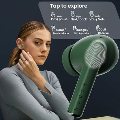 Boult Audio W20 Truly Wireless in Ear Earbuds with 35H Playtime, Zen™ ENC Mic, 45ms Low Latency, 13mm Bass Drivers, Type-C Fast Charging, Made in India,Touch Controls, IPX5 Ear Buds TWS (Pine Green)