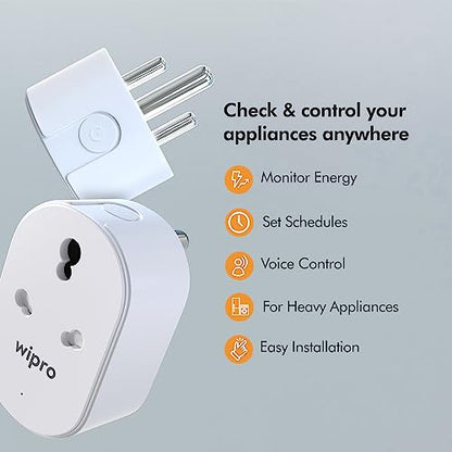 Wipro 16A Wi-Fi Smart Plug with Energy Monitoring- Suitable for Large Appliances like Geysers, Microwave Ovens, Air Conditioners (Works with Alexa and Google Assistant)- White