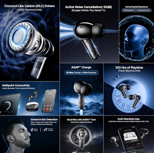 boAt Newly Launched Nirvana Space Truly Wireless in-Ear Earbuds w/ 360º Spatial Audio, ANC(~32dB), 100HRS Playback, 4 Mics with AI-ENx™, Hearables App, in-Ear Detection, DLC Drivers(Cosmic Black)