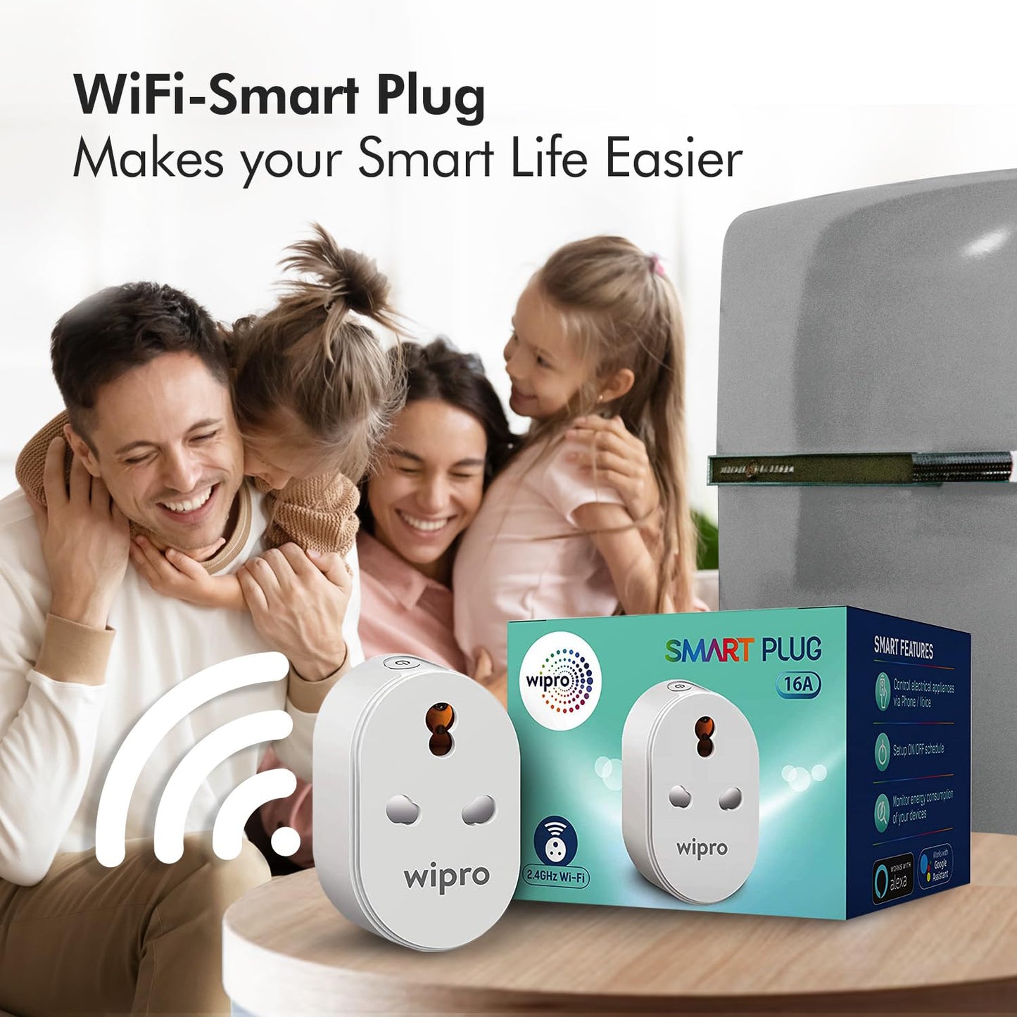 Wipro 16A Wi-Fi Smart Plug with Energy Monitoring- Suitable for Large Appliances like Geysers, Microwave Ovens, Air Conditioners (Works with Alexa and Google Assistant)- White