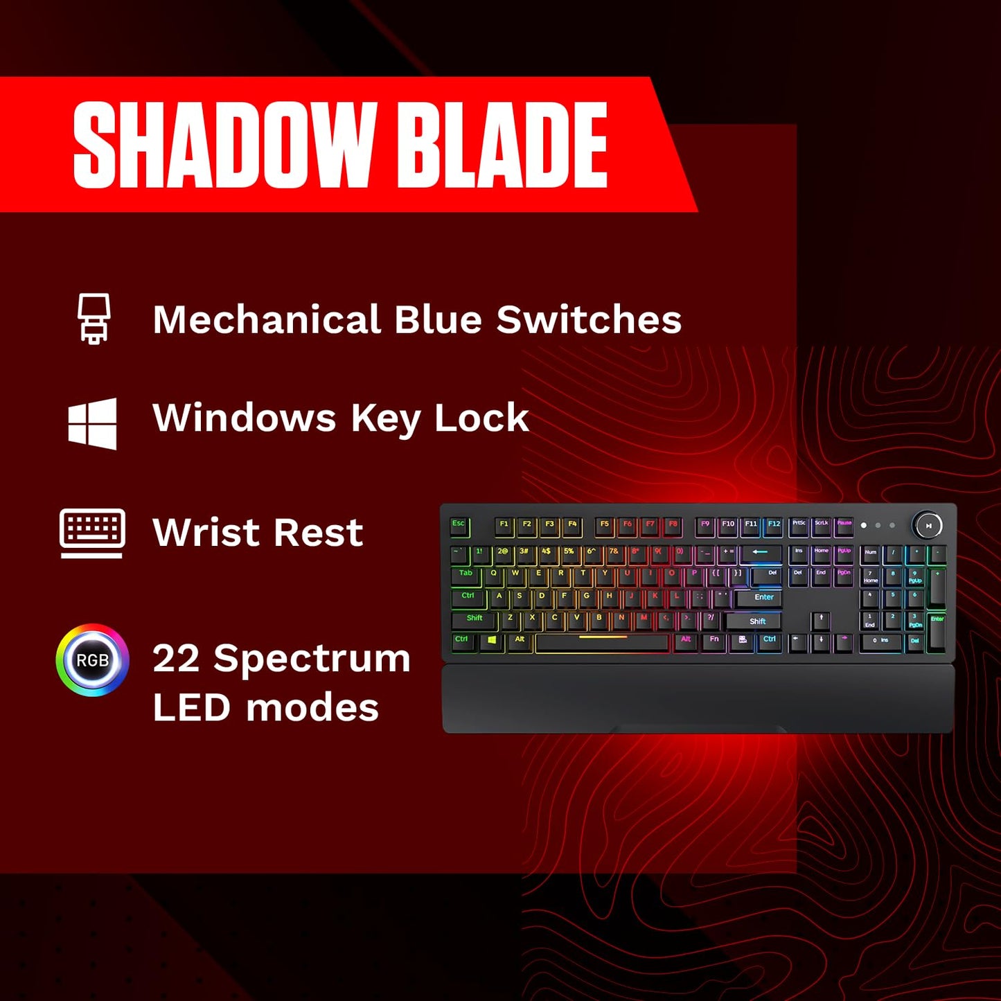 Redgear Shadow Blade: Mech Keyboard (LED, Knob, Wrist Rest) Vortex